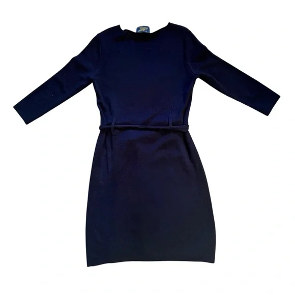 Le Mont St Michel Wool knit pleat french v neck belt tie navy dress Sz 8 - Picture 3 of 6